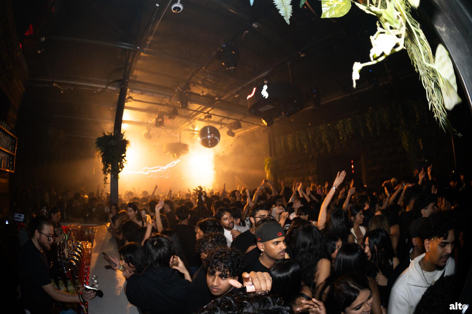 A packed crowd under lasers at a MUIC club night